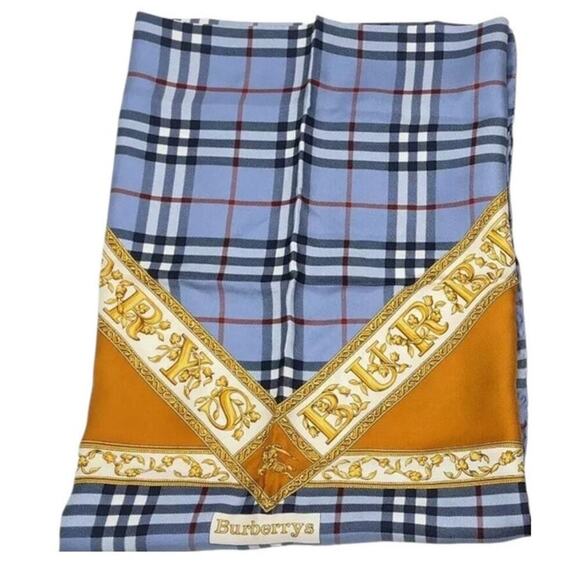 BURBERRYS PRORSUM Logo Blue x Brown Silk Scarf - Picture 15 of 16